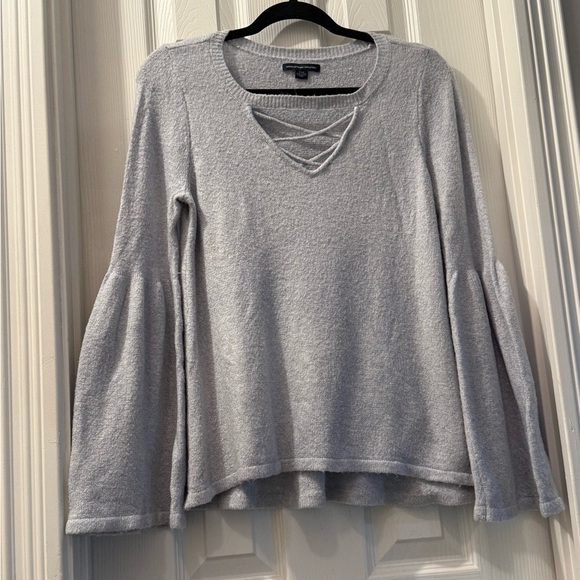 American Eagle Outfitters sweater, bell sleeves, grey V neck crisscross neckline - Picture 1 of 6